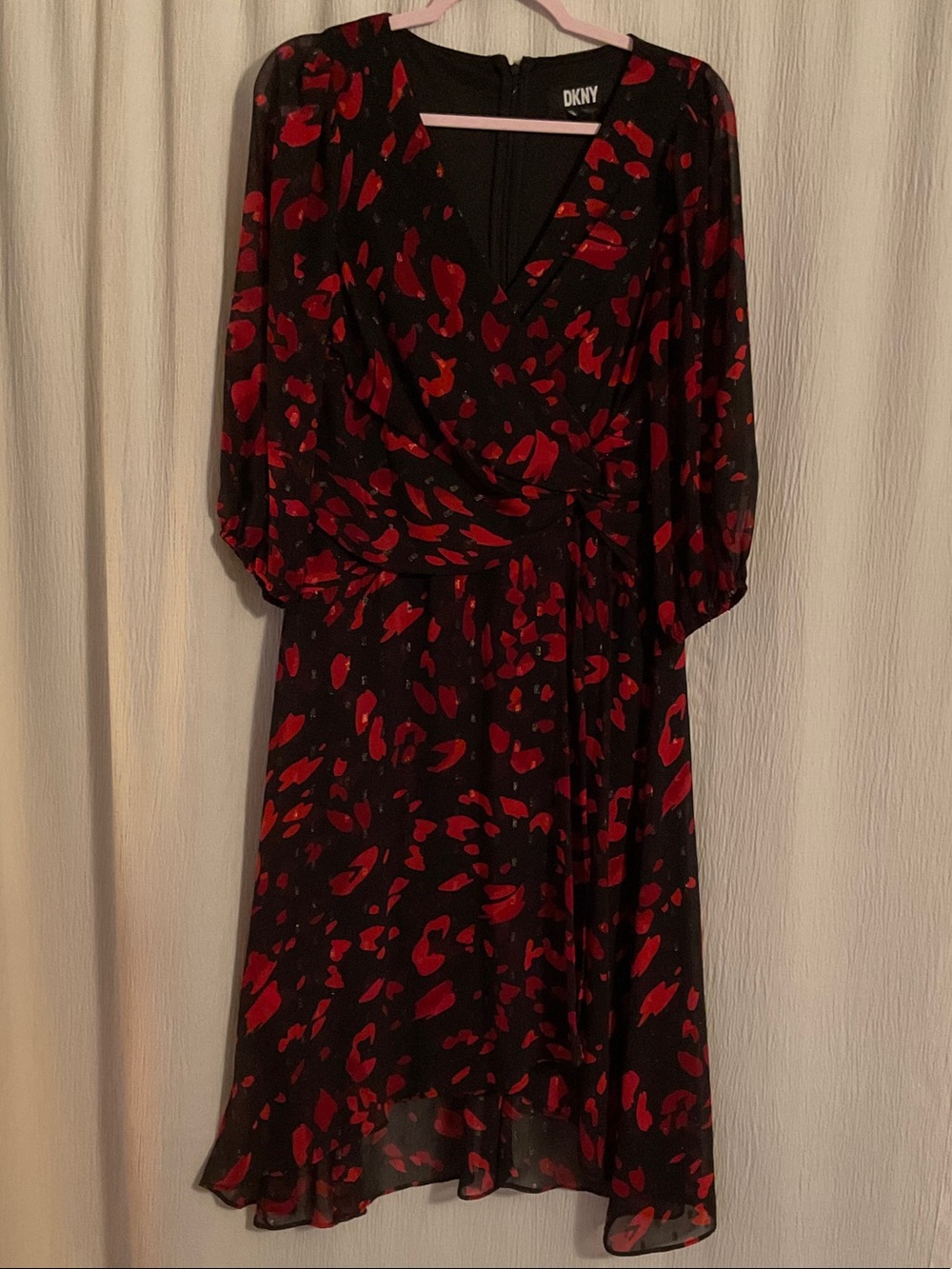DKNY Black Midi Dress with Red Abstract Pattern